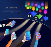 Smart home technology concept on dark background. House automation system with wireless centralized control through mobile app royalty free illustration Smart home technology concept on dark background. House automation system with wireless centralized control through mobile app royalty free illustration