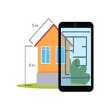 Smartphone augmented reality shows measurement of village home stock illustration Smartphone augmented reality shows measurement of village home stock illustration