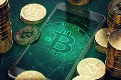 Vertical smartphone with Bitcoin symbol on-screen among piles of golden Bitcoins. stock illustration Vertical smartphone with Bitcoin symbol on-screen among piles of golden Bitcoins. stock illustration