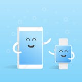 Smartphone concept connections with smart watches. Cute Cartoon character phone with hands, eyes and smile vector illustration Smartphone concept connections with smart watches. Cute Cartoon character phone with hands, eyes and smile vector illustration