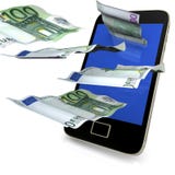 Smartphone Costs Money. Smartphone with flying 100 euro notes on the white background royalty free illustration Smartphone Costs Money. Smartphone with flying 100 euro notes on the white background royalty free illustration