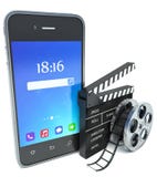 Smartphone e do aplauso e de filme do cinema carretel, sobre o branco Imagem de Stock Smartphone e do aplauso e de filme do cinema carretel, sobre o branco Imagem de Stock