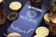 Smartphone met Bitcoin-grafiek op scherm onder stapels van Bitcoins Bitcoin handelconcept vector illustratie Smartphone met Bitcoin-grafiek op scherm onder stapels van Bitcoins Bitcoin handelconcept vector illustratie