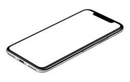 Smartphone mockup similar to iPhone X CW rotated lies on surface isolated on white background