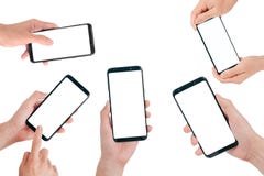 Smartphone zomba acima, mão que guarda o telefone celular com a tela vazia isolada no fundo branco com o trajeto de grampeamento fotografia de stock royalty free Smartphone zomba acima, mão que guarda o telefone celular com a tela vazia isolada no fundo branco com o trajeto de grampeamento fotografia de stock royalty free