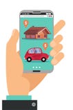 Smartphone εκμετάλλευσης χεριών Έννοια του χεριού με το κινητό τηλέφωνο με την εφαρμογή αγορών realty, πωλήσεων αυτοκινήτων που χ ελεύθερη απεικόνιση δικαιώματος Smartphone εκμετάλλευσης χεριών Έννοια του χεριού με το κινητό τηλέφωνο με την εφαρμογή αγορών realty, πωλήσεων αυτοκινήτων που χ ελεύθερη απεικόνιση δικαιώματος