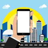 Smartphone υπό εξέταση στο υπόβαθρο εικονικής παράστασης πόλης διανυσματική απεικόνιση Smartphone υπό εξέταση στο υπόβαθρο εικονικής παράστασης πόλης διανυσματική απεικόνιση