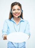 Smile woman worker helpline, call center operator hold white em stock photography Smile woman worker helpline, call center operator hold white em stock photography