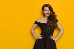 Smiling Beautiful Woman In Elegant Black Cocktail Dress royalty free stock photography Smiling Beautiful Woman In Elegant Black Cocktail Dress royalty free stock photography