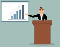 Smiling cartoon speaker-woman stands behind the brown wooden lectern royalty free illustration Smiling cartoon speaker-woman stands behind the brown wooden lectern royalty free illustration