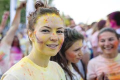 Smiling girl enjoying The Color Run Bucharest. Happiest 5k on the planet! royalty free stock photography Smiling girl enjoying The Color Run Bucharest. Happiest 5k on the planet! royalty free stock photography