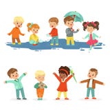 Smiling little kids playing on puddles, set for label design. Active leisure for children. Cartoon detailed colorful stock illustration Smiling little kids playing on puddles, set for label design. Active leisure for children. Cartoon detailed colorful stock illustration