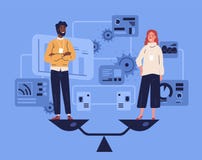 Smiling man and woman standing on weighing dishes of balance scale. Concept of gender equality at work or in business vector illustration Smiling man and woman standing on weighing dishes of balance scale. Concept of gender equality at work or in business vector illustration