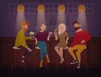 Smiling men and women dressed in stylish clothing sitting at bar, talking and drinking alcoholic drinks. Cheerful royalty free illustration Smiling men and women dressed in stylish clothing sitting at bar, talking and drinking alcoholic drinks. Cheerful royalty free illustration