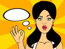 Smiling pop art woman saying OK with speech bubble vector illustration Smiling pop art woman saying OK with speech bubble vector illustration