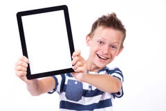 Successful student with a tablet in hand screen to the client on Royalty Free Stock Photo Successful student with a tablet in hand screen to the client on Royalty Free Stock Photo