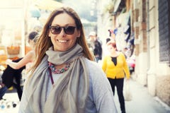 Smiling Woman Outdoor, With Scarf And Sunglasses Royalty Free Stock Image