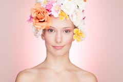 Smiling Woman With Roses Hat Stock Photo