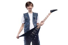 Smiling young man holding electric guitar. On white background Royalty Free Stock Photography Smiling young man holding electric guitar. On white background Royalty Free Stock Photography