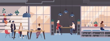 Smiling young people working on laptops in co-working area. Male and female freelance workers sitting at computers in stock illustration Smiling young people working on laptops in co-working area. Male and female freelance workers sitting at computers in stock illustration