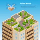 Snabb leverans för isometriskt surr av gods i staden Teknologiskt sändningsinnovationbegrepp Autonom logistik royaltyfri illustrationer Snabb leverans för isometriskt surr av gods i staden Teknologiskt sändningsinnovationbegrepp Autonom logistik royaltyfri illustrationer
