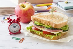 Snack For School With Sandwich, Fresh Apple And Orange Juice. Co Stock Photo