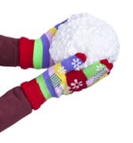 Sneeuwbal van witte draden in kind` s handen, bekleed in kleurrijke die handschoenen op witte achtergrond, Nieuwjaar, Kerstmis wo Royalty-vrije Stock Foto's Sneeuwbal van witte draden in kind` s handen, bekleed in kleurrijke die handschoenen op witte achtergrond, Nieuwjaar, Kerstmis wo Royalty-vrije Stock Foto's