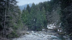 Sneeuwdalingen op Wild Rivierlandschap Sneeuwdalingen op Wild Rivierlandschap