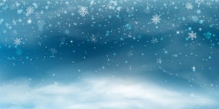 Snow background. Winter christmas landscape with cold sky, blizzard