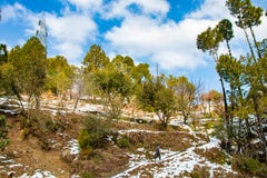 Snow fall in farm field of hills area with trees over white clouds and blue sky royalty free stock photo Snow fall in farm field of hills area with trees over white clouds and blue sky royalty free stock photo