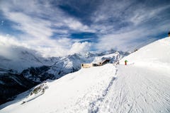 Snow road near Blauherd mountain station, Zermatt, Switzerland