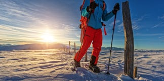 Snowboarder που περπατά στα πλέγματα σχήματος ρακέτας στο χιόνι σκονών στοκ φωτογραφία με δικαίωμα ελεύθερης χρήσης Snowboarder που περπατά στα πλέγματα σχήματος ρακέτας στο χιόνι σκονών στοκ φωτογραφία με δικαίωμα ελεύθερης χρήσης