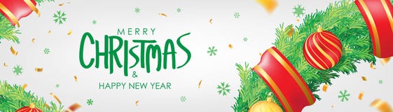 Christmas banner. White Christmas background with christmas balls, snowflakes and gold confetti. Horizontal christmas poster, gre royalty free illustration Christmas banner. White Christmas background with christmas balls, snowflakes and gold confetti. Horizontal christmas poster, gre royalty free illustration