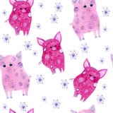 Snowflakes and pigs watercolor seamless pattern on white background. stock illustration Snowflakes and pigs watercolor seamless pattern on white background. stock illustration