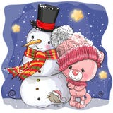 Snowman and Cute Cartoon kitten girl royalty free illustration Snowman and Cute Cartoon kitten girl royalty free illustration
