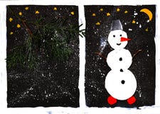 Snowman cutout and christmas tree branch, black background, child application stock illustration Snowman cutout and christmas tree branch, black background, child application stock illustration