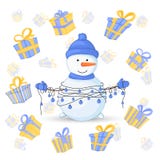 Snowman in scarf, boots, mittens, and a hat and with garlands in their hands. postcard for the new year and Christmas. Isolated objects on white background stock illustration Snowman in scarf, boots, mittens, and a hat and with garlands in their hands. postcard for the new year and Christmas. Isolated objects on white background stock illustration