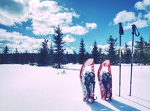 Snowshoes in snow. Winter trail over snowy hills and mountains. Royalty Free Stock Images Snowshoes in snow. Winter trail over snowy hills and mountains. Royalty Free Stock Images