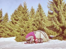 Snowshoes человека установленные и trekking ручки для прогулки Светлый шатер стоковое фото rf Snowshoes человека установленные и trekking ручки для прогулки Светлый шатер стоковое фото rf