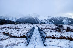 Snow landscape with foot steps over bridge in New Zealand. stock photo Snow landscape with foot steps over bridge in New Zealand. stock photo