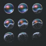 Soap bubble explode. Realistic water sphere explosion, transparent blue reflections isolated soap foam balloon. Vector stock illustration Soap bubble explode. Realistic water sphere explosion, transparent blue reflections isolated soap foam balloon. Vector stock illustration