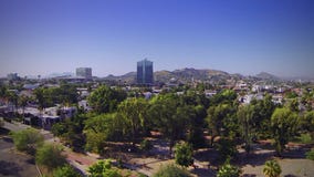 Sobrevuelo del parque hacia edificios almacen de metraje de vídeo Sobrevuelo del parque hacia edificios almacen de metraje de vídeo