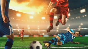 Soccer player kicking ball on 3D soccer stadium. stock photos Soccer player kicking ball on 3D soccer stadium. stock photos
