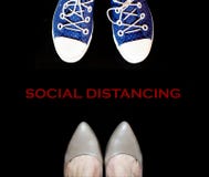 Social Distancing Concept Foot Wearing Sneakers And Woman Wearing High Heels Stock Image