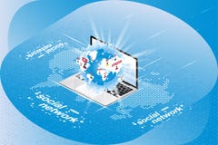 Social Networks 3D isometric concept. Globe with icons of notifications in a laptop on a background of a digital world map. Vector Royalty Free Stock Photos Social Networks 3D isometric concept. Globe with icons of notifications in a laptop on a background of a digital world map. Vector Royalty Free Stock Photos