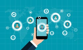 Socialt nätverksmarknadsföringsbegrepp och digital affär på mobilt begrepp vektor illustrationer Socialt nätverksmarknadsföringsbegrepp och digital affär på mobilt begrepp vektor illustrationer
