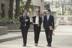 Socio del hombre de negocios y de la empresaria que consulta y que discute fotos de archivo Socio del hombre de negocios y de la empresaria que consulta y que discute fotos de archivo