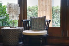 Sofa or armchair with table lamp with window view stock photo Sofa or armchair with table lamp with window view stock photo
