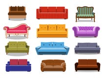 Sofa and couches colorful cartoon illustration vector set. Collection of comfortable lounge for interior design isolated stock illustration Sofa and couches colorful cartoon illustration vector set. Collection of comfortable lounge for interior design isolated stock illustration