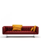 Sofà di cuoio rosso con i cuscini arancio su una rappresentazione bianca di vista frontale 3d del fondo illustrazione di stock Sofà di cuoio rosso con i cuscini arancio su una rappresentazione bianca di vista frontale 3d del fondo illustrazione di stock